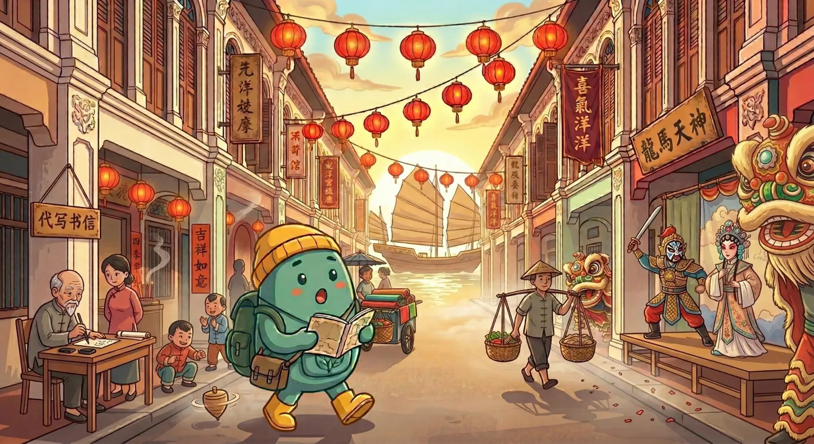 The Nanyang Passage through Chinatown — illustrated scene